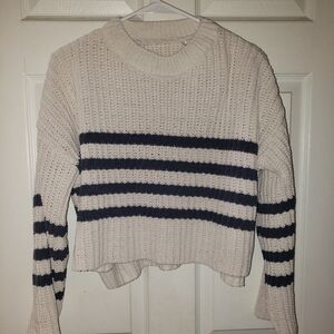 Striped Cropped Knit Sweater - Cream and Navy Blue